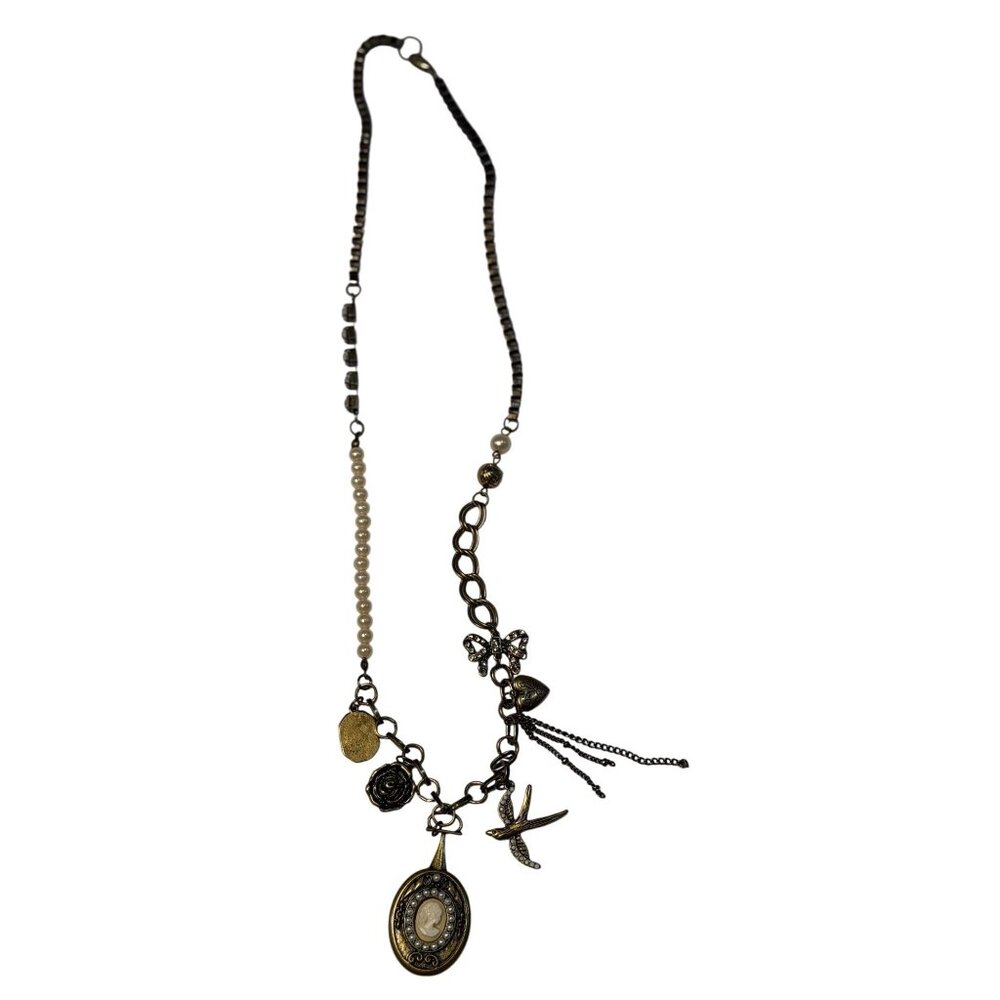 Boho Necklace Mixed Metal Cameo Locket Pearl Charm‎ 15" Silver Brass Trendy